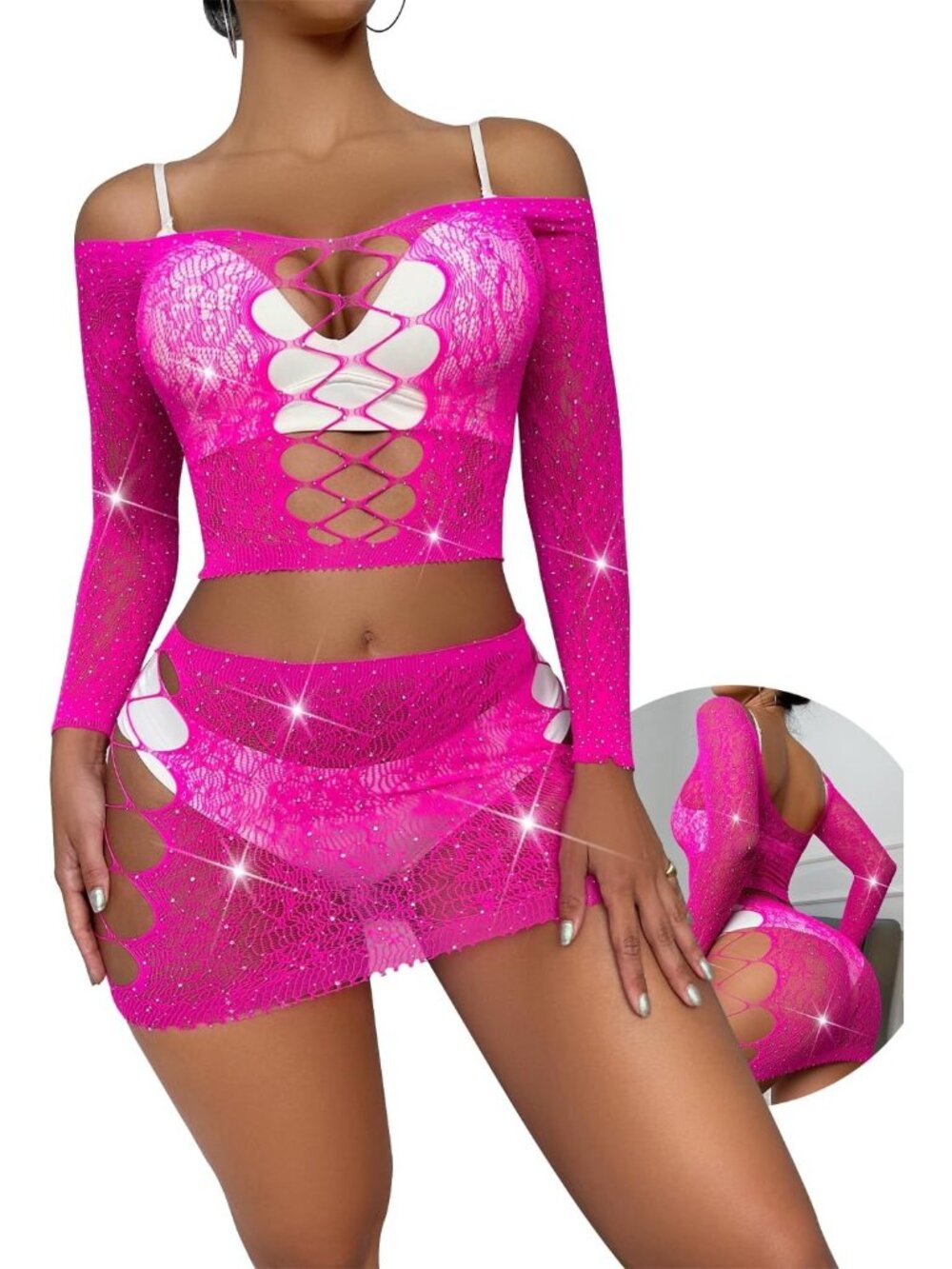 Women's Hot Pink Sparkly Sheer Lingerie Set Micro Bra & G-String Bikini
